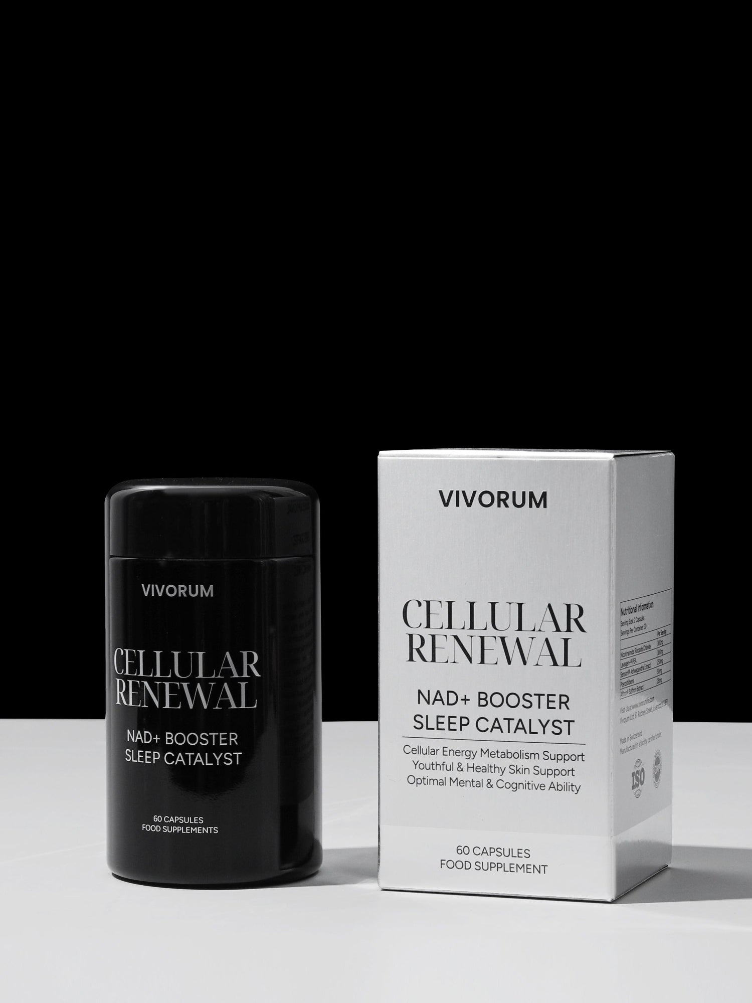 Vivorum Cellular Renewal product and packaging on a white surface with black background