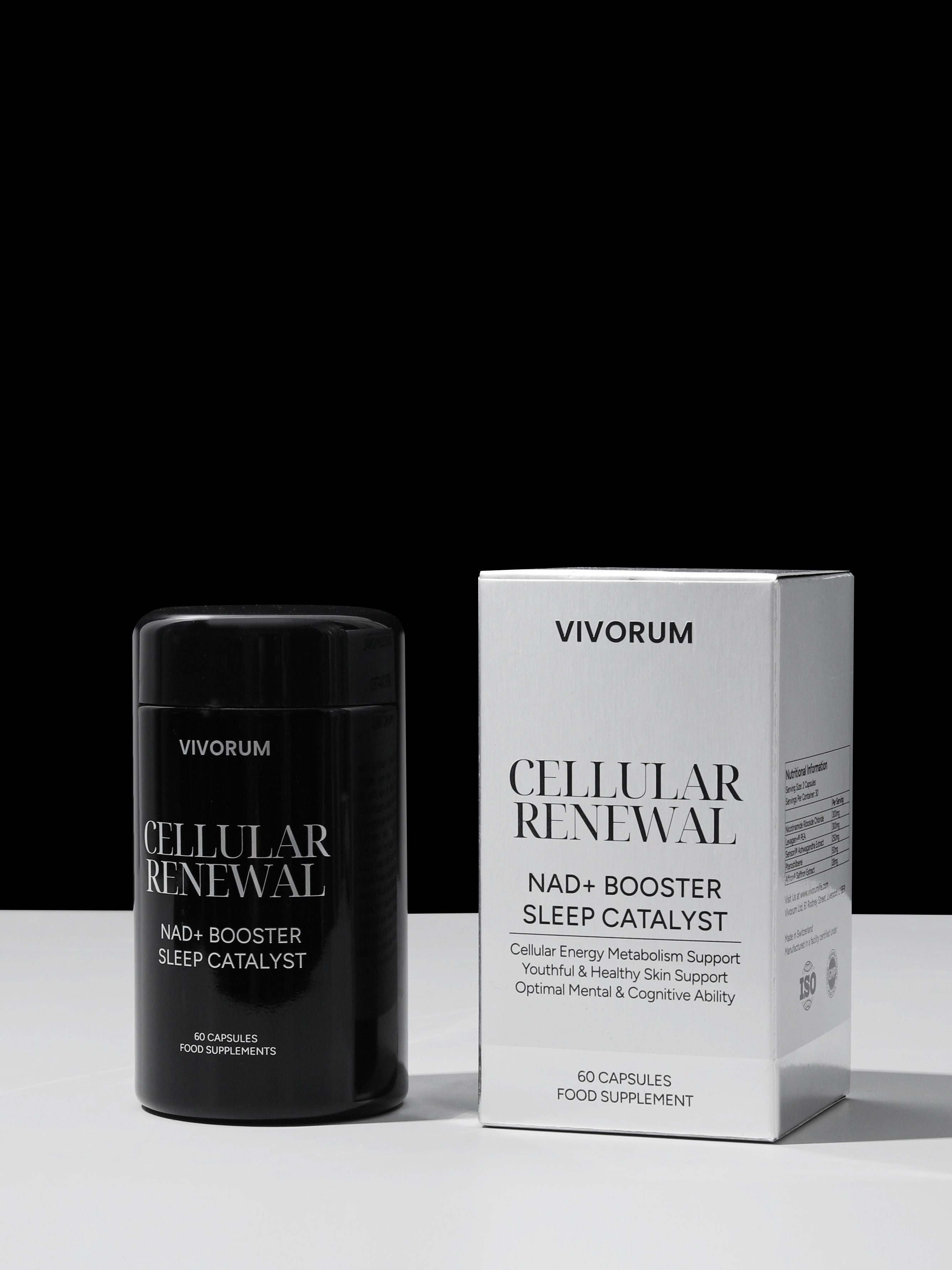 Vivorum Cellular Renewal product and packaging on a white surface with black background