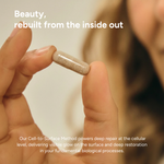 Hand holding a capsule with text about deep repair and restoration.