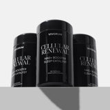 Three black containers labeled 'Vivorum Cellular Renewal' on a light gray background