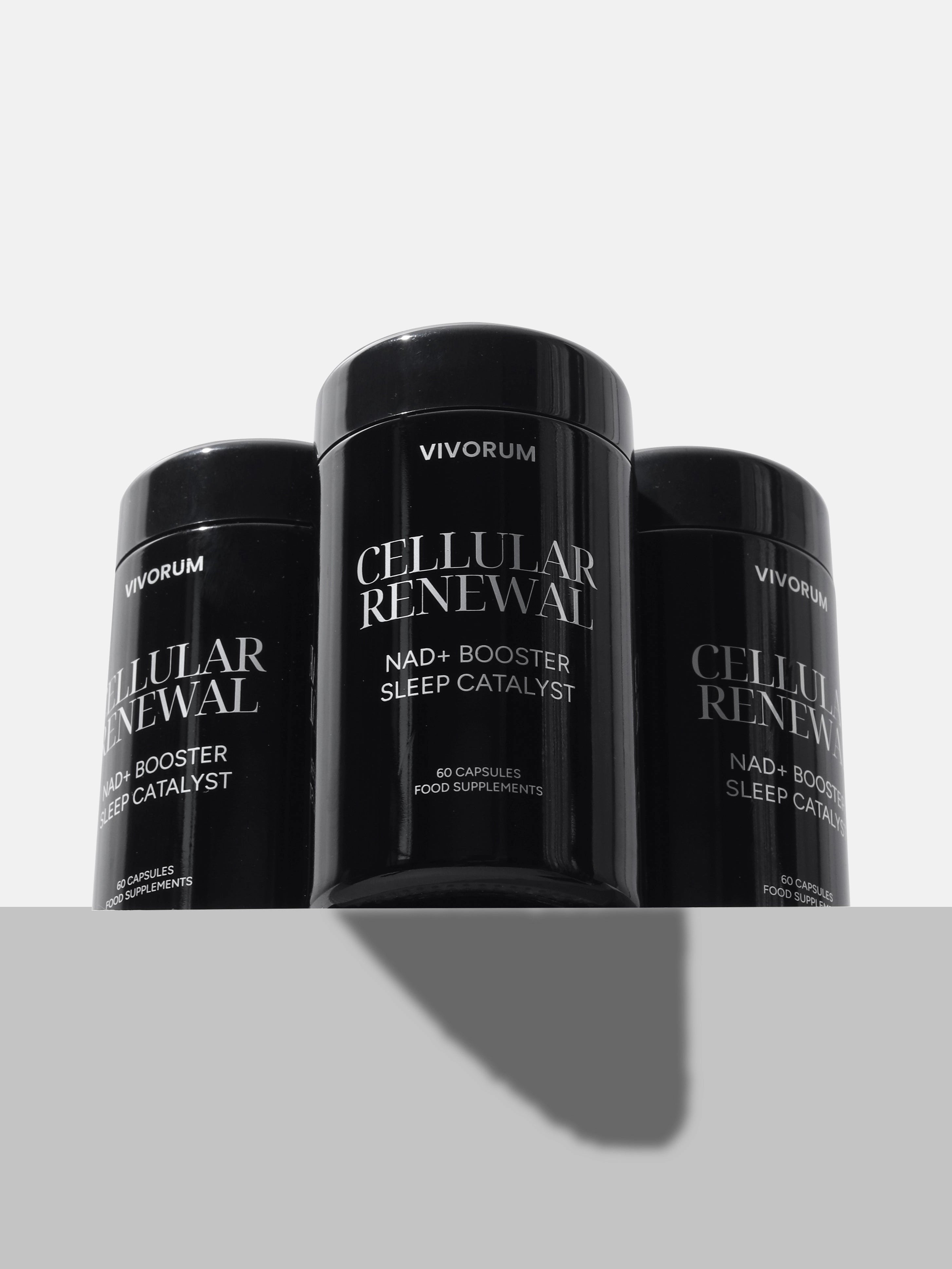 Three black containers labeled 'Vivorum Cellular Renewal' on a light gray background