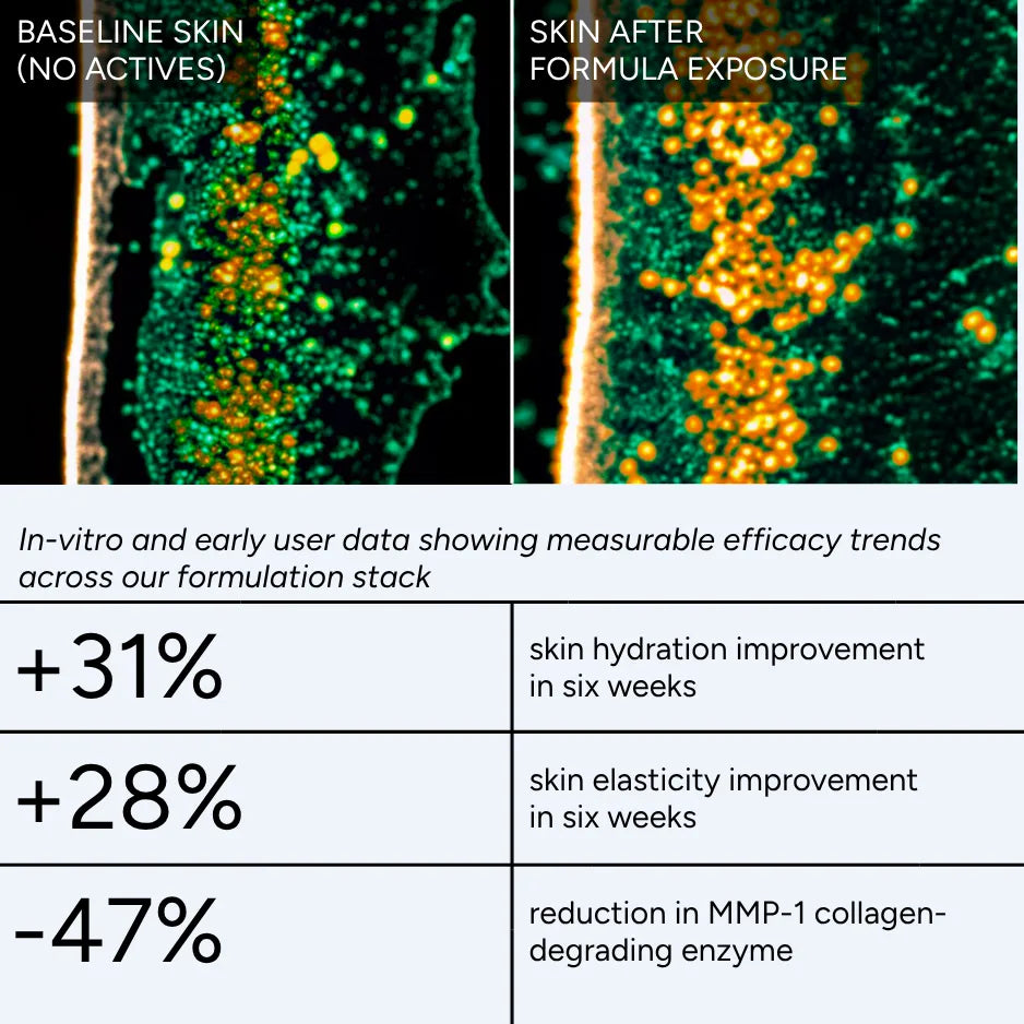 Infographic of Cellular Renewal formulation test data: skin hydration, skin elasticity and MMP-1 enzyme results