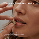 Close-up of a woman taking a supplement capsule with text about product formulation and benefits.