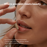 Close-up of a woman taking a supplement capsule with text about product formulation and benefits.